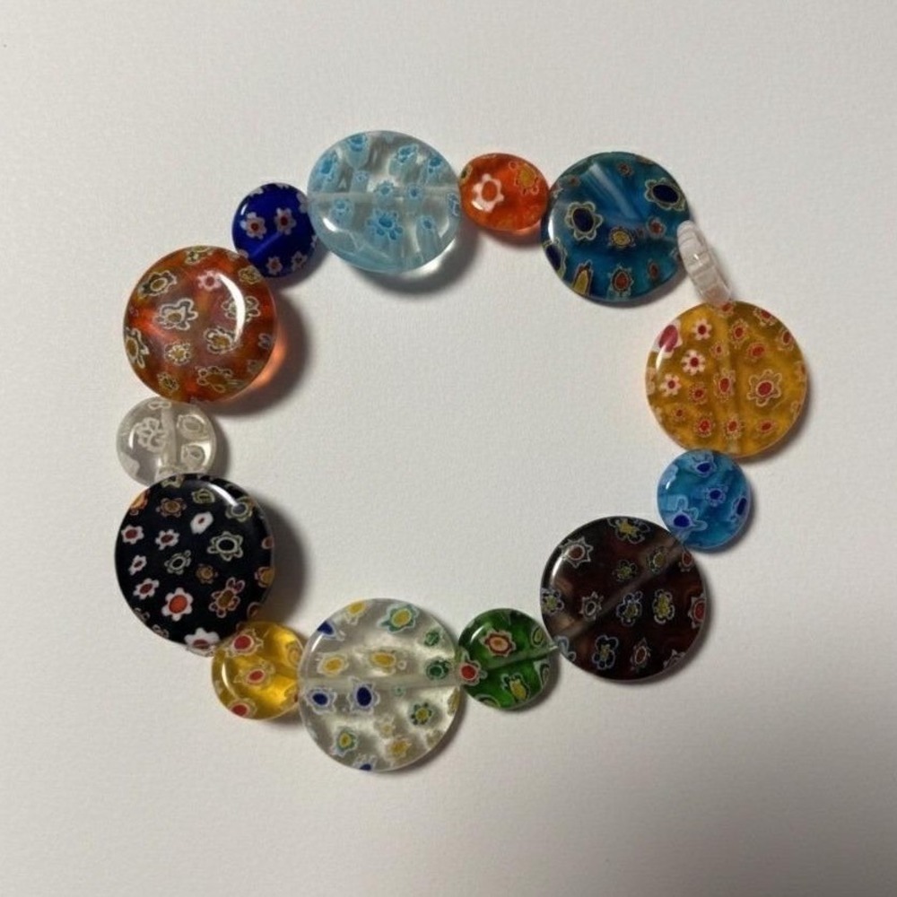 Millefiori Glass Beaded Stretch Bracelet Colorful Floral Vintage Eclectic Boho